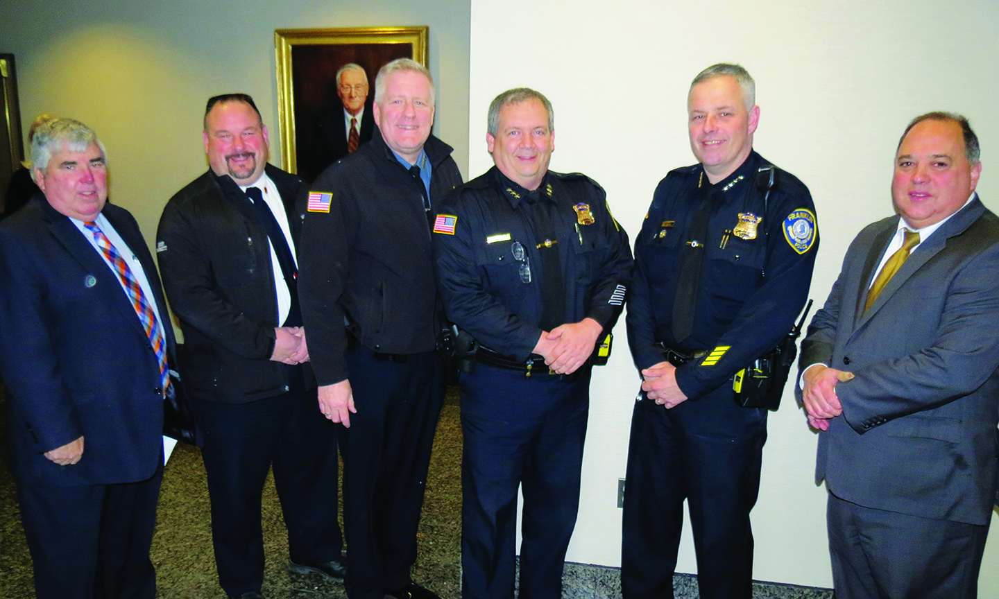 District Attorney Michael Morrissey, at left, hosted scores of local leaders at the conference, including, from left, Millis Fire Chief Richard Barrett, Dover Police Chief Peter McGowan, Franklin Deputy Police Chief James Mill and Chief Thomas Lynch and Sheriff Michael Bellotti.