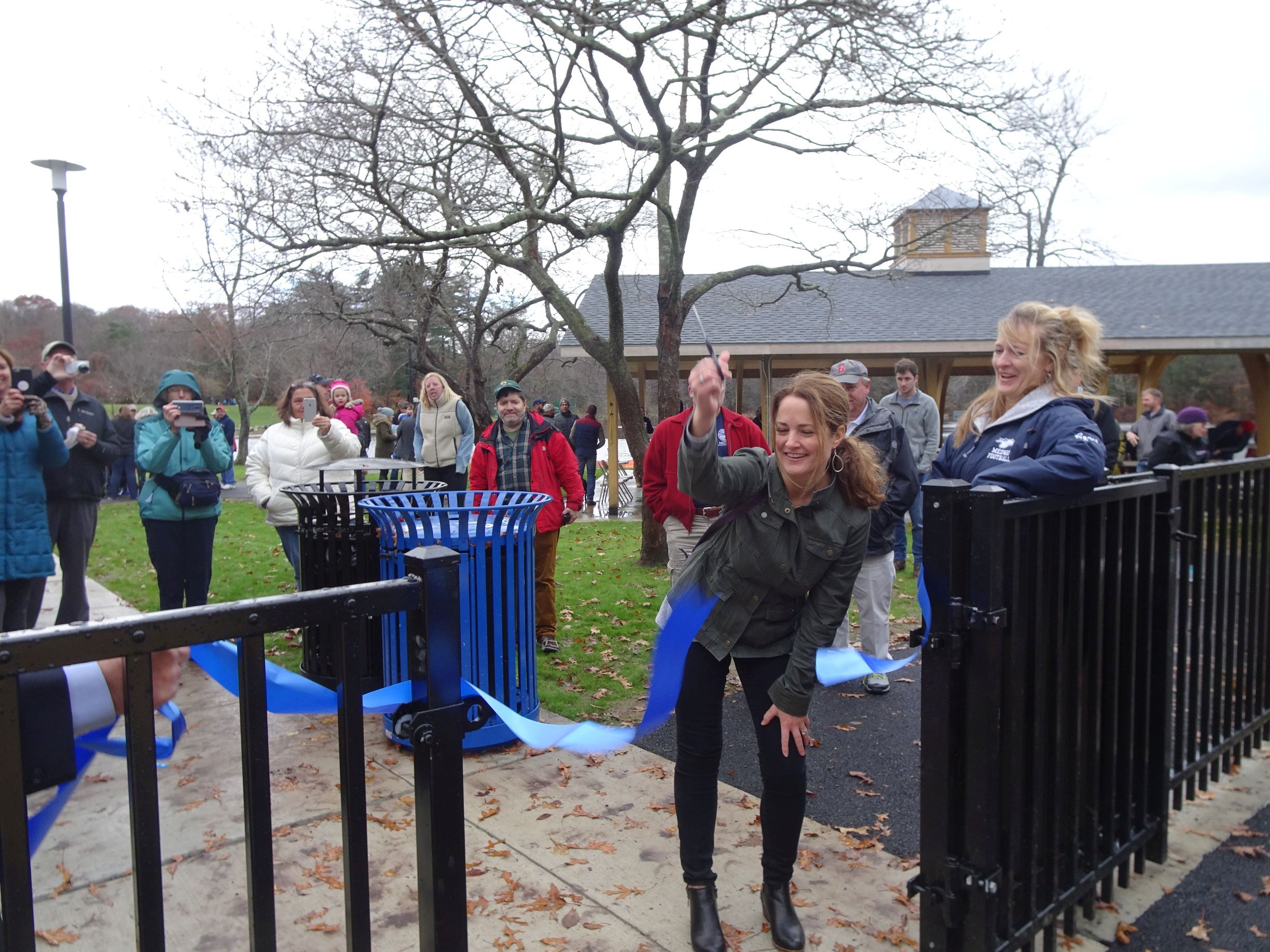 Medway celebrated the revamping of two fun-filled sources of pride for the town – Oakland and Choate Parks. Shown here is the ribbon cutting for Choate Park, re-opened November 10, 2018. Photo by Marjorie Turner Hollman