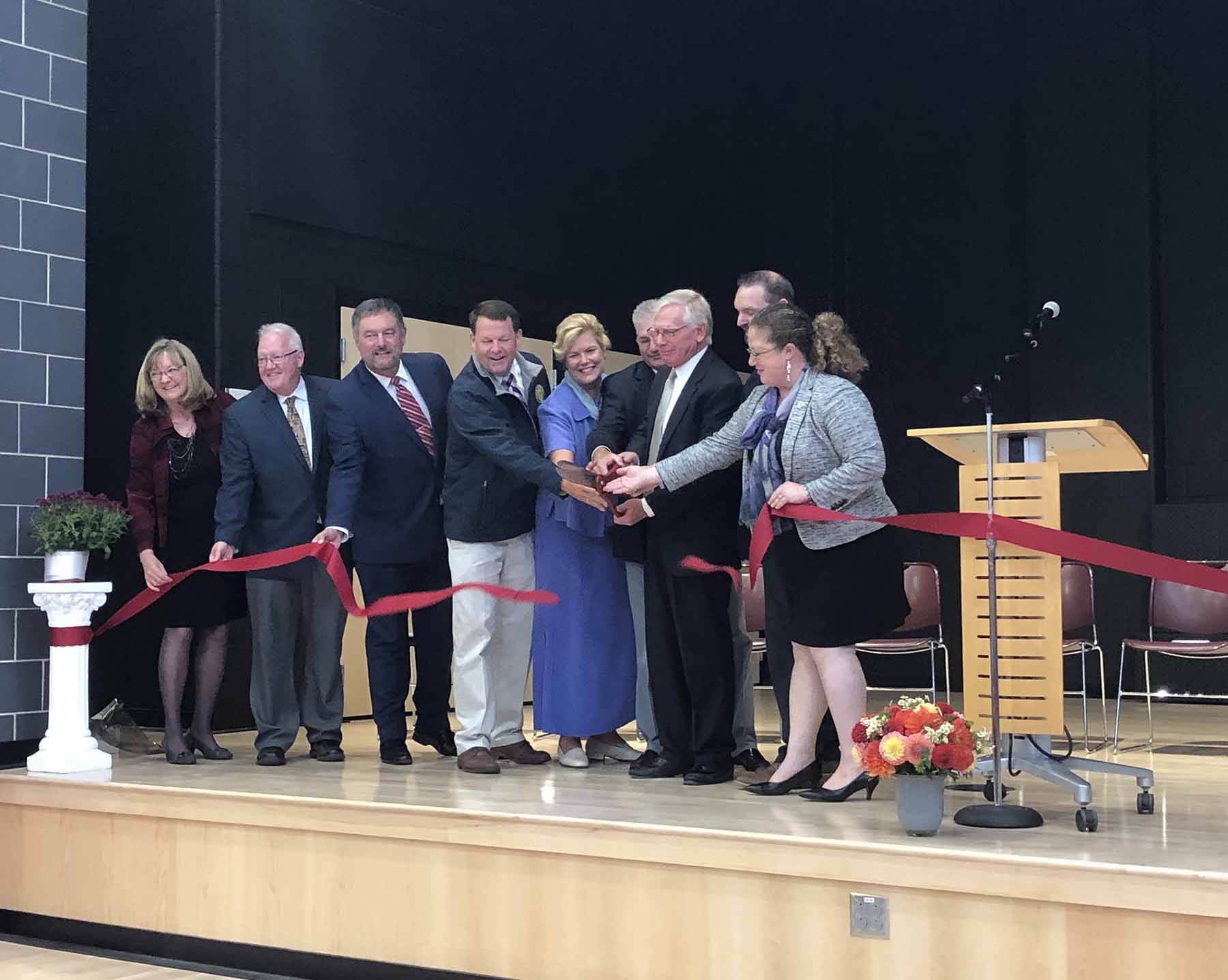 September 7, 2019 marked the official opening of the new Clyde F. Brown Elementary School in Millis. From left, Nancy Gustafson (Superintendent, Millis Public Schools), Jack McCarthy (Deputy CEO/Executive Director of Mass School Building Authority), Jason Phelps, (Principal, Clyde F. Brown Elementary School), MA State Rep. Shawn Dooley, Millis Select Chair Loring Barnes, MA State Rep. David Linsky, Wayne Klocko, Chair of Millis Elementary School Building Committee, Marc Conroy, Millis School Committee Chair