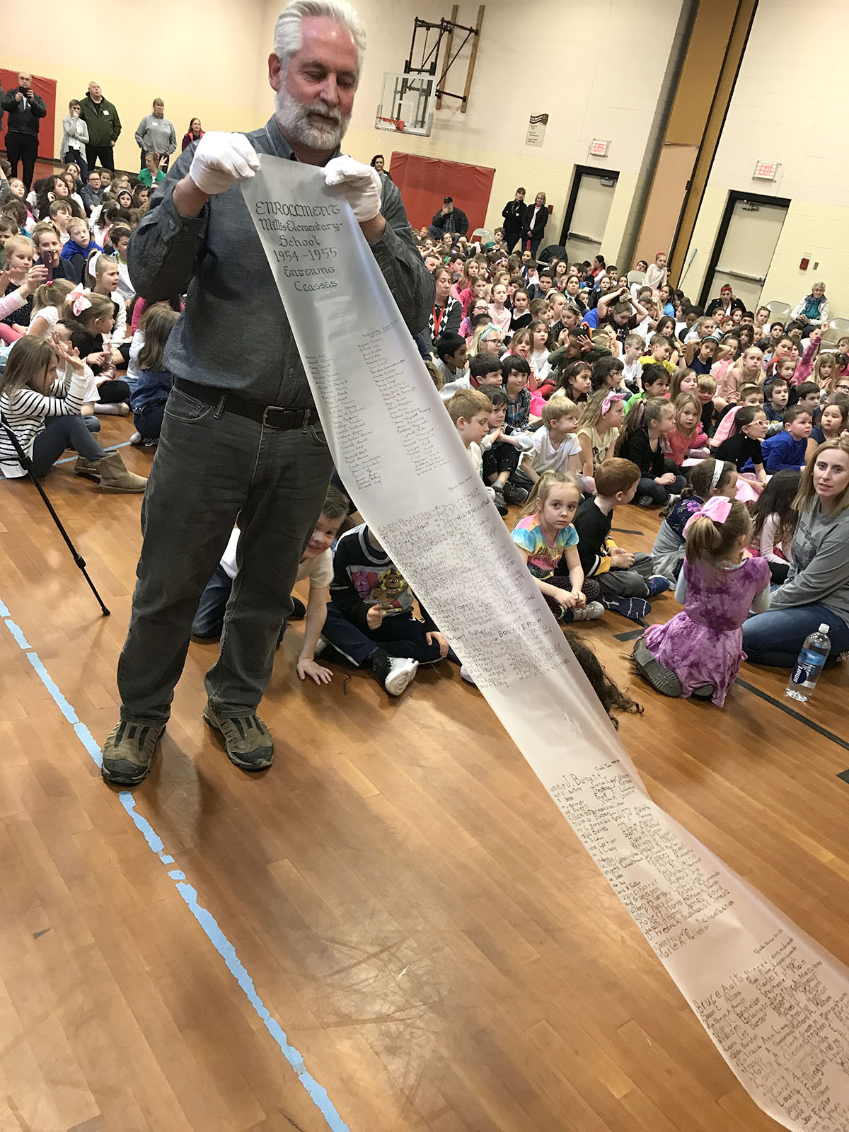 In a public event on March 22, 2019, an acetate scroll was the final item, carefully pulled from a time capsule unearthed from a granite cornerstone of the Clyde F. Brown Elementary School opened in 1954. The scroll contained the names of the incoming students for the 1954-1955 year. All but the Kindergartners had signed their own names.