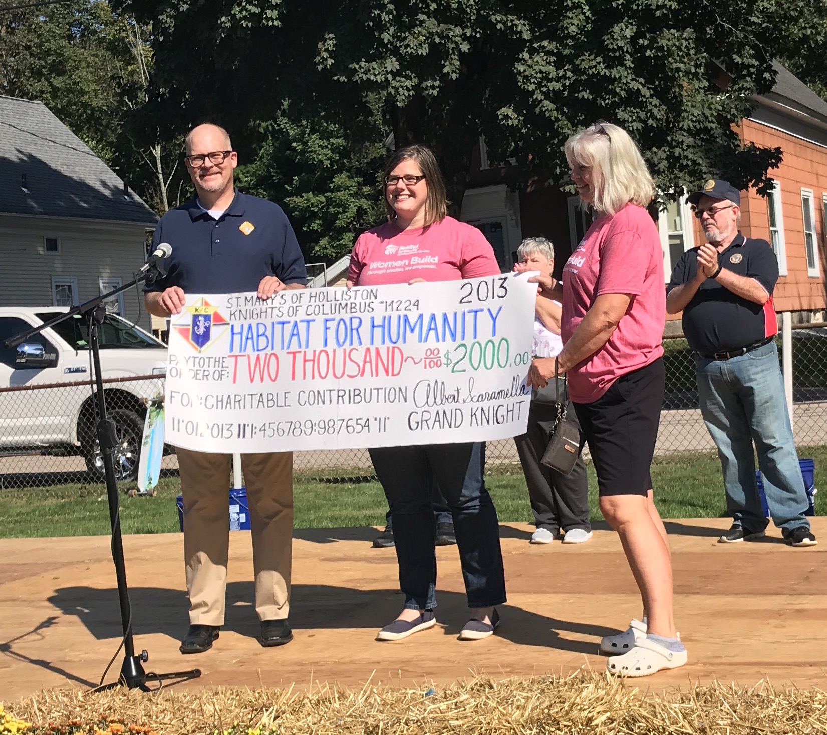 The Holliston Knights of Columbus Council #14224 made major donations from their annual raffle to the Holliston Pantry Shelf, the Holliston Senior Center, and Habitat for Humanity Metrowest at the annual Celebrate Holliston event on September 21, 2019.