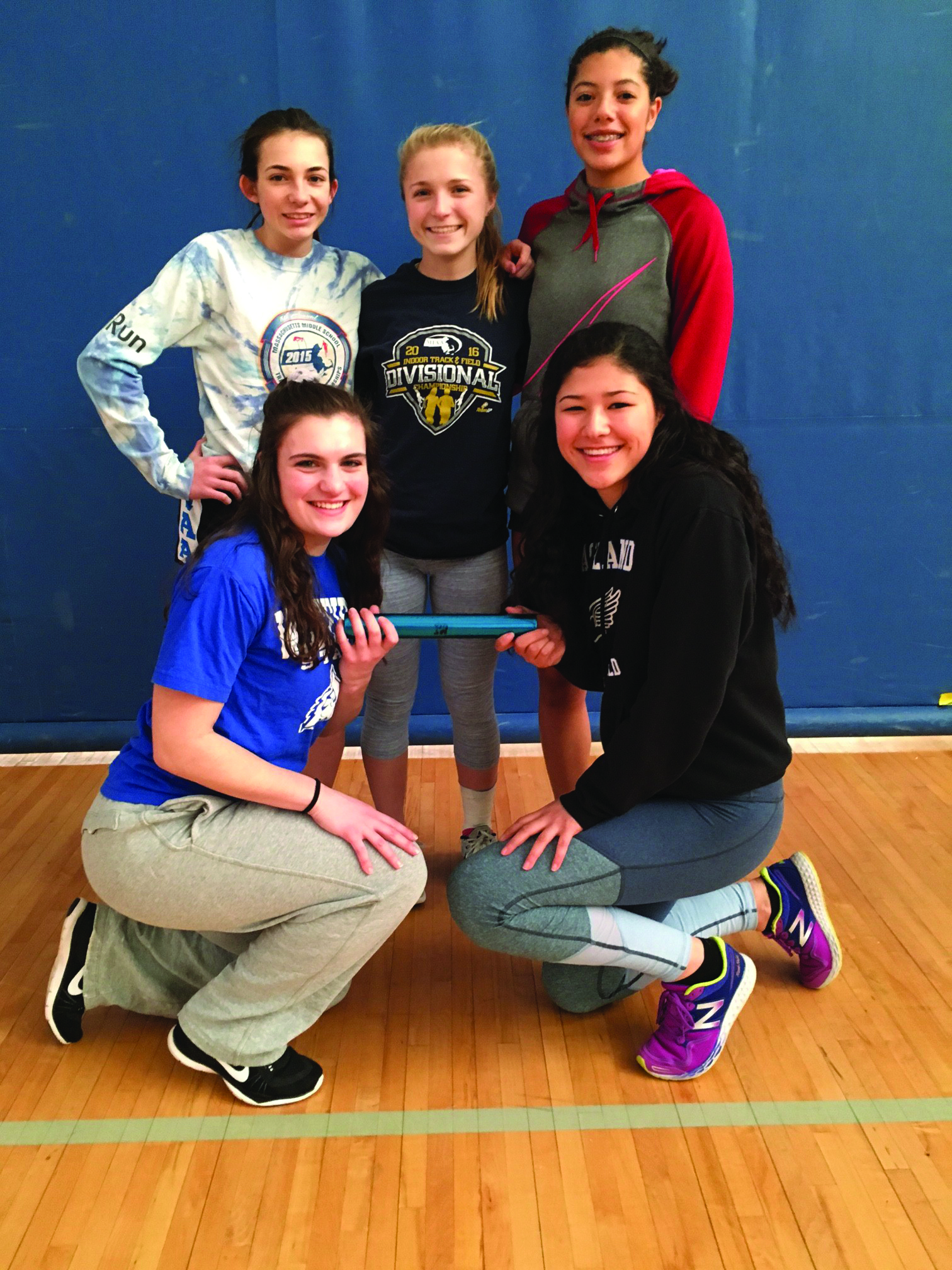 Standing in back (left to right): Isabella Tirabassi, Emily Finnegan and Sabryna Reyes Kneeling: Elena Pellegrini and Alyssa Zee