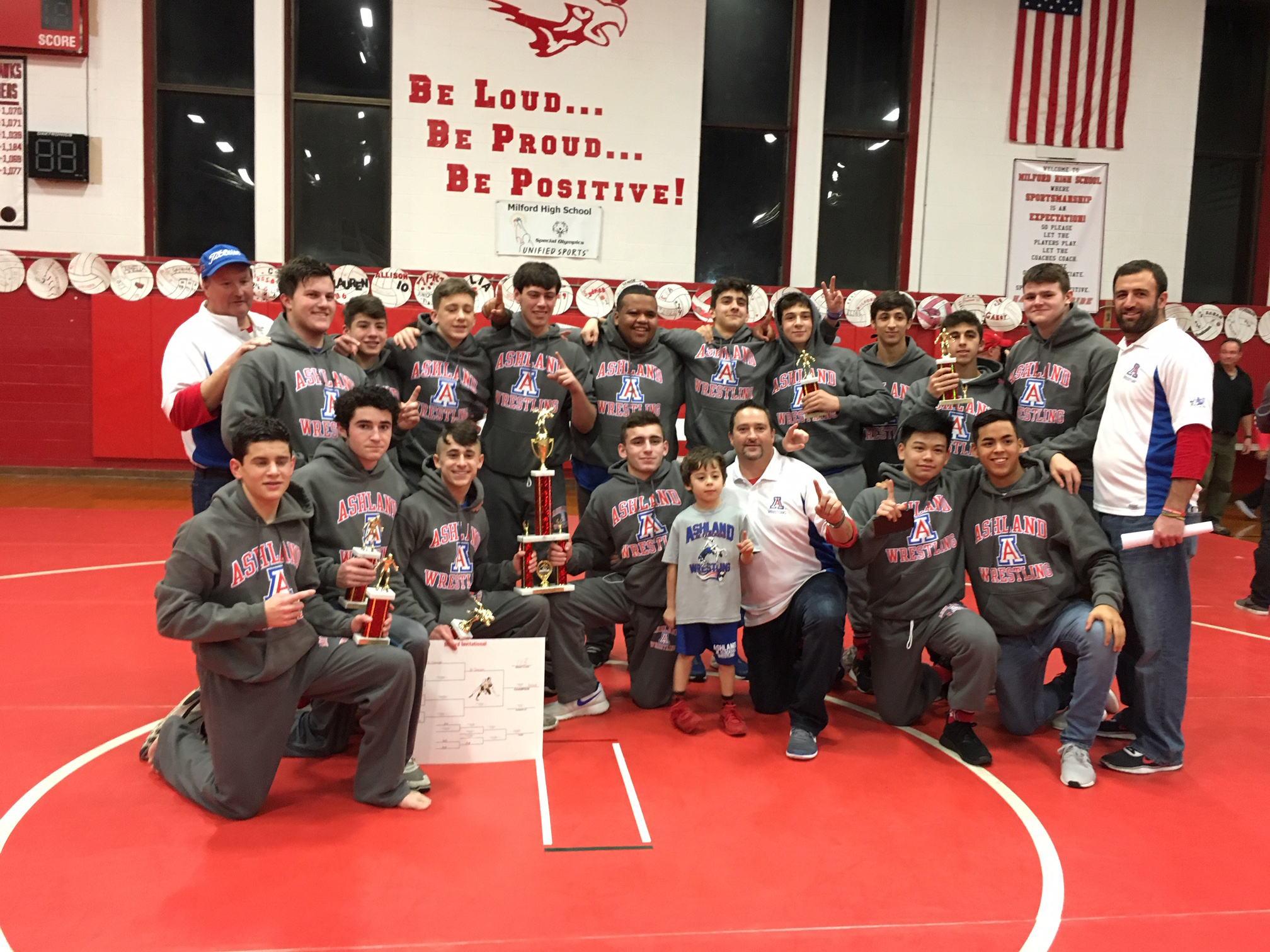 Ashland’s wrestlers after winning the Milford Tournament for the second straight year.