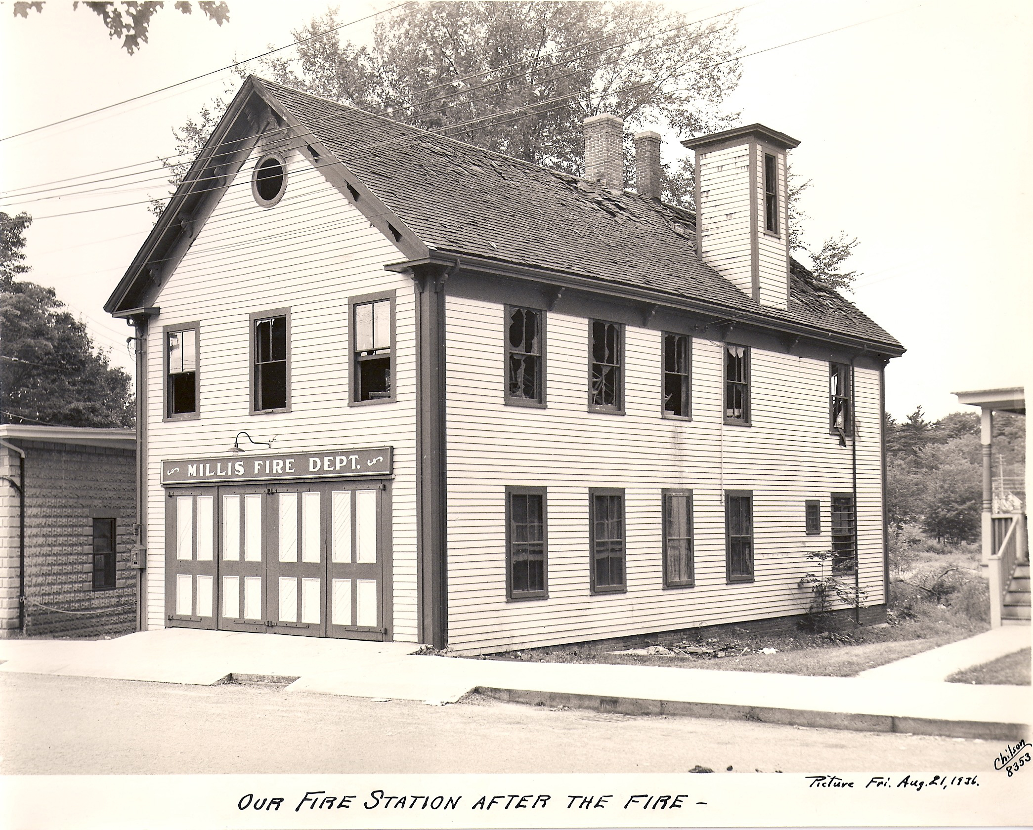 Shown is Millis’ Niagara Hall in 1936, following a fire, in a photo taken by Mr. Chilson. The building at that time housed fire and police, including a jail (see bars in right photo.)  Niagara Hall has been restored over the last 20 years and will celebrate a grand re-opening on May 25th, at noon.