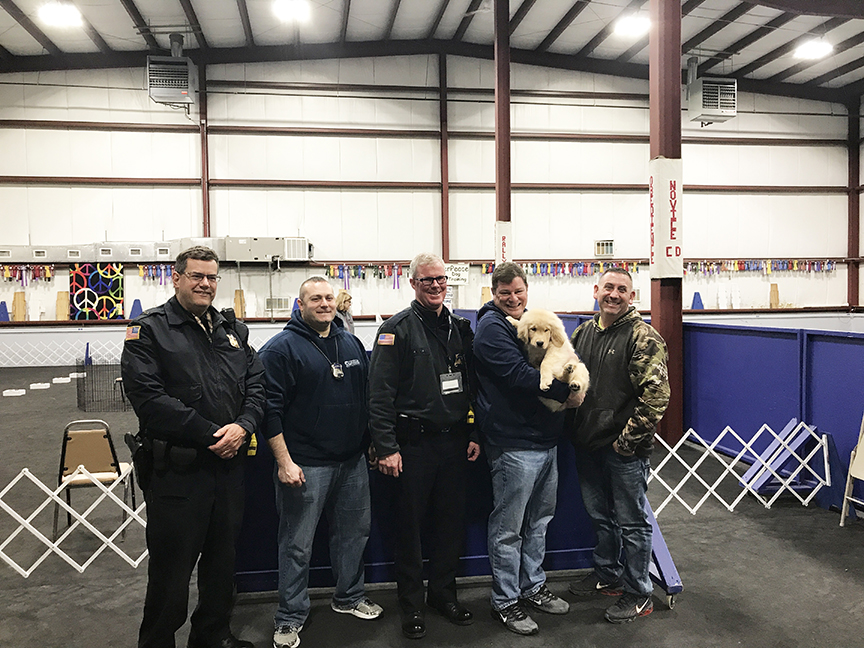 Members of the Franklin Police Department’s safety division came to MasterPeace Dog Training in Franklin on February 15th to welcome their newest (and fluffiest) member, “Ben Franklin.” Ben will be trained as a therapy dog for the department. From left, Lt. Mark Manocchio, Off. Paul Guarino, Sgt. Chris Spillane, Officer Jamie Mucciarone (holding Ben), and Officer Dave Gove.