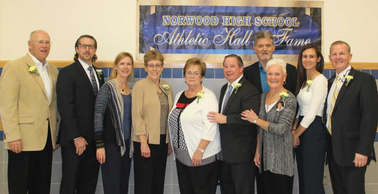 Pictured left to right: Coach Tom Lamb, Luke Marsters '98, Susan Packard '80, Coach Cathy Shachoy, Sandy Sansone for Dick Sansone; special contributor, John Foley '84, James Jessick '61 (back), Anne Marie Smith for Don Smith '61, Tayla Ryan '06, Brian McDonough, NHSAHF President