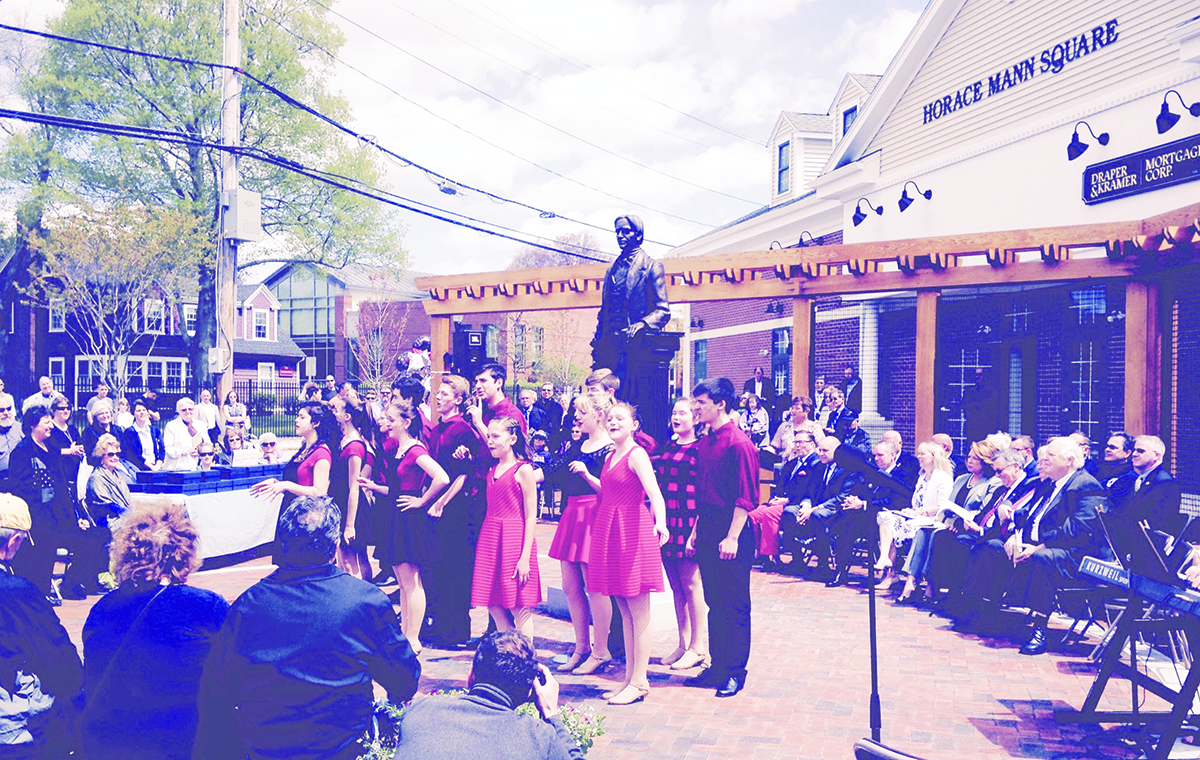 Students from the Franklin School for the Performing Arts performed an original song and dance about the life of Horace Mann for distinguished guests and town members at the statue unveiling.