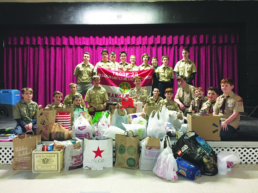 Boy Scout Troop 29, of Franklin, held its Scouting for Food Drive in February this year, at a time when food stores run low at the Franklin Food Pantry. Thanks to the generosity of neighbors and a lot of hard work, the scouts collected 400 pounds of food this year.