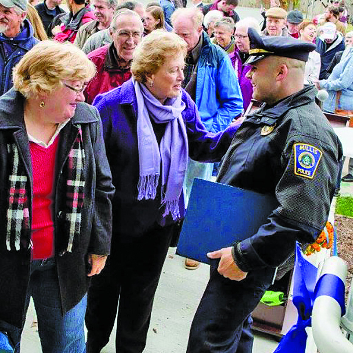 Shown, Chief Chris Soffayer meets with members of the Millis community. Photo courtesy of Millis Police Dept.