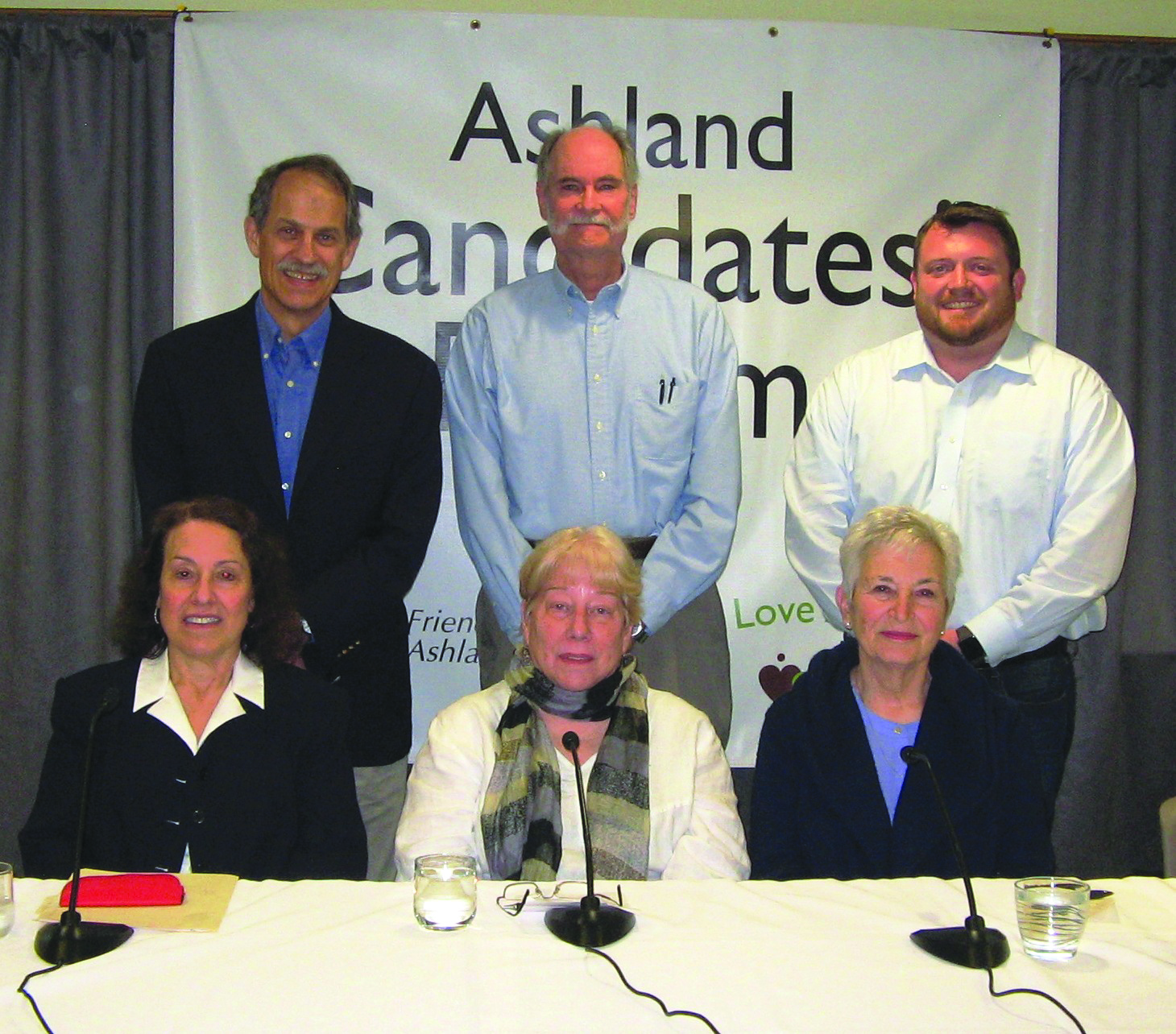 Back row (l to r): Charles Lidz (Assessor), David Rosenblum (Assessor), Joe Rubertone (Planning Board). Front row (l to r): Janet Rush (Assessor), Kab Rabinowitz (Library Trustee), Carolyn Bell (Library Trustee). Missing from photo: Ron Etskovitz (Board of Health). View the WACA-TV-recorded forum on https://vimeo.com/216024147. (Photo/Cynthia Whitty)