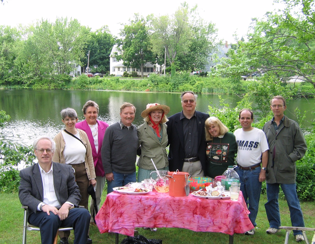 The Friends of Adin Ballou celebrated Juneteenth with a picnic on the banks of Hopedale Pond.  Left to right are Peter Hughes, Lynn Hughes, Jeanne Kinney, Robert Matthews, Marcia Matthews, Rev. Dick Drinon, Elaine Malloy, D.J. Malloy, Dan Malloy.