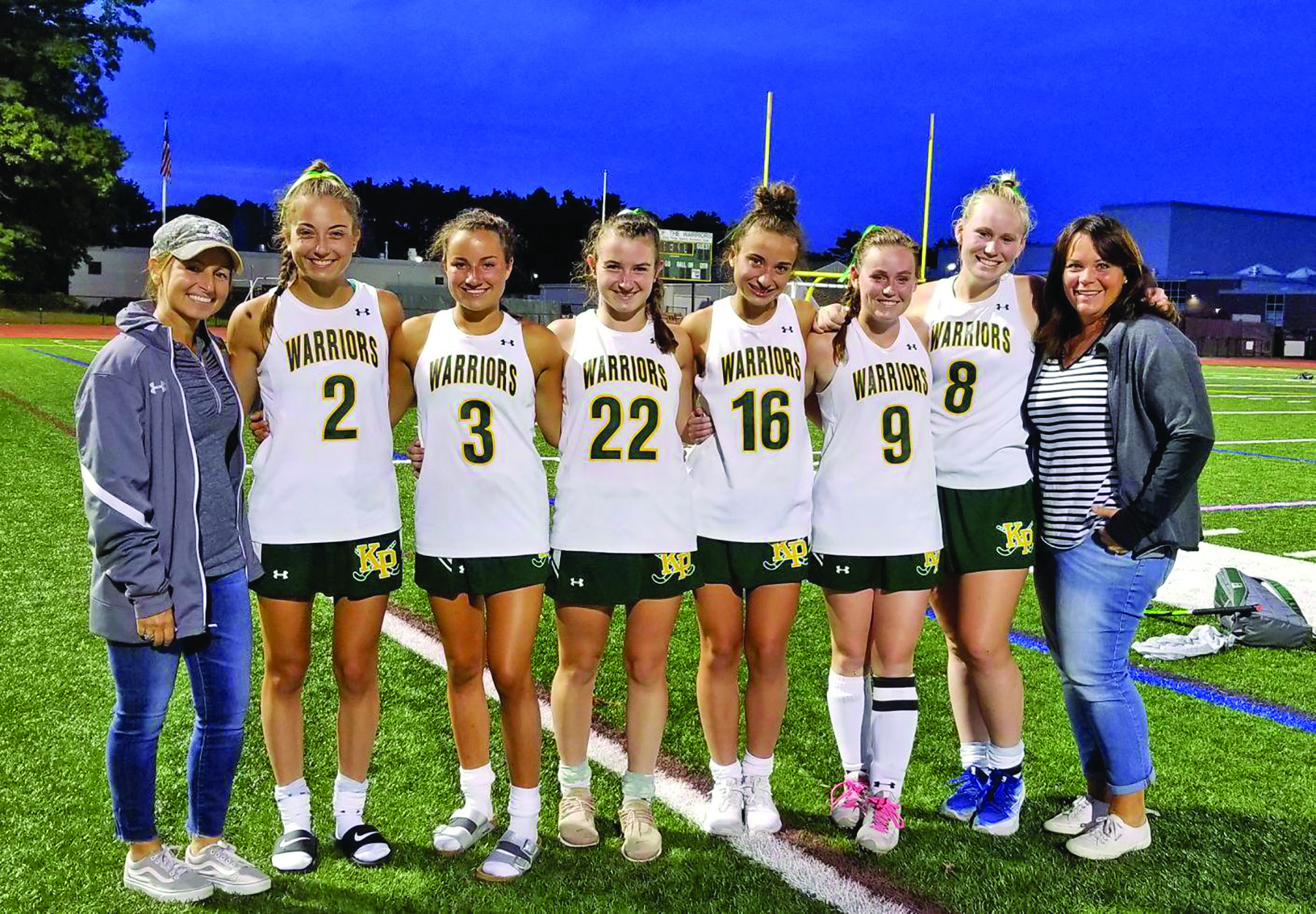 New coaches Kim Meehan, left, and Erin MacDonald, far right, have experienced talent in seniors, from left, Nicole Connor, Alli Meehan, Kate Lindmark, Dana Truini, Claire Lawlor, and Emma Izydorczak.