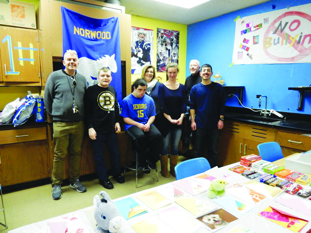 Students and teachers gather in the Mustang Corral. L-R, Rob LaDue, Kevin, Nick, Donna Doliner, Katie, Mike Finnerty, and Antonio