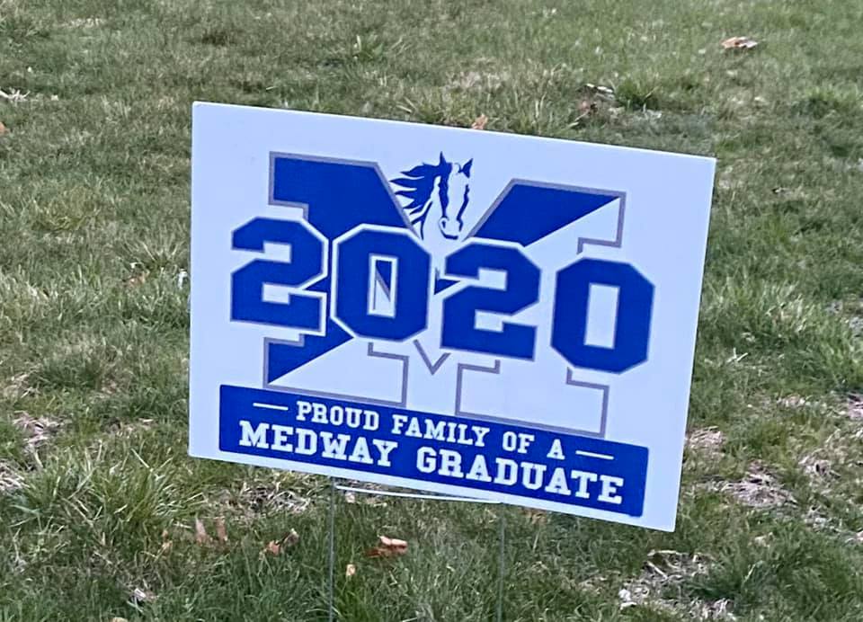 Medway High School seniors were surprised with special lawn signs delivered by a group of volunteers on Sunday, April 12. (Photo courtesy Medway Public Schools)