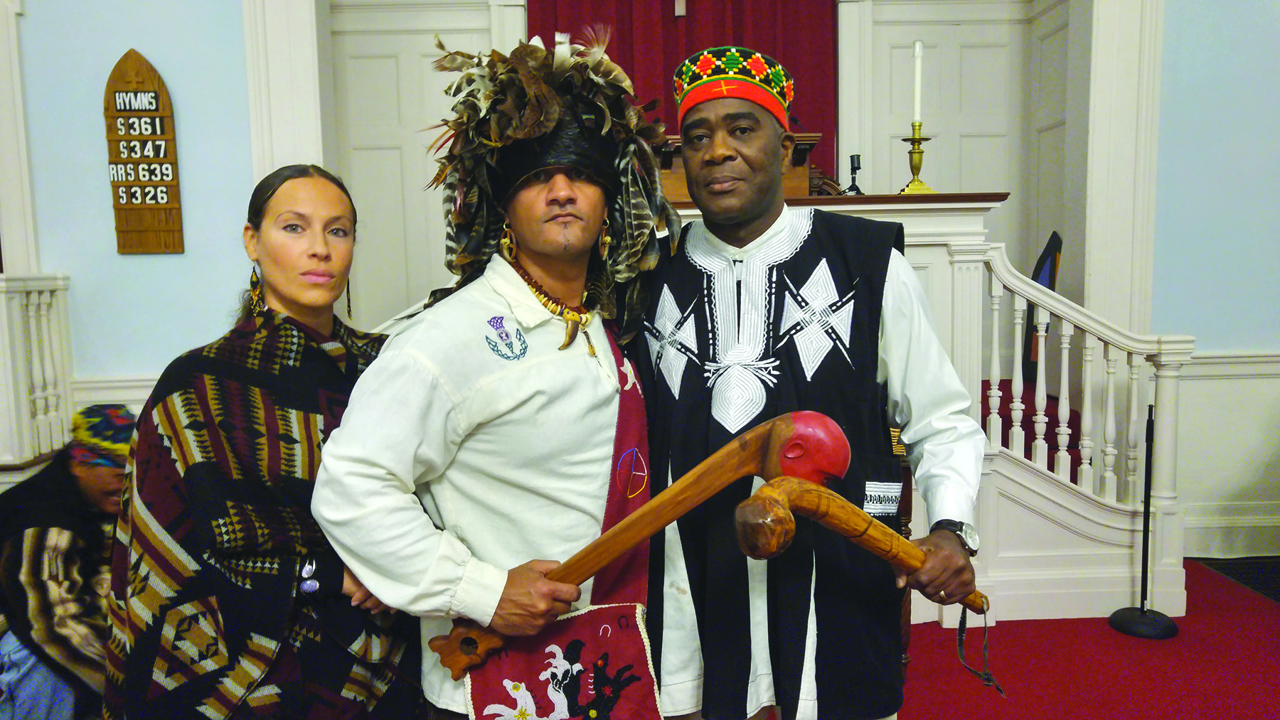 Makes Things, Strong Medicine Bear, and Zadi Zokou of Zokou Productions in the Eliot Church Sanctuary. 