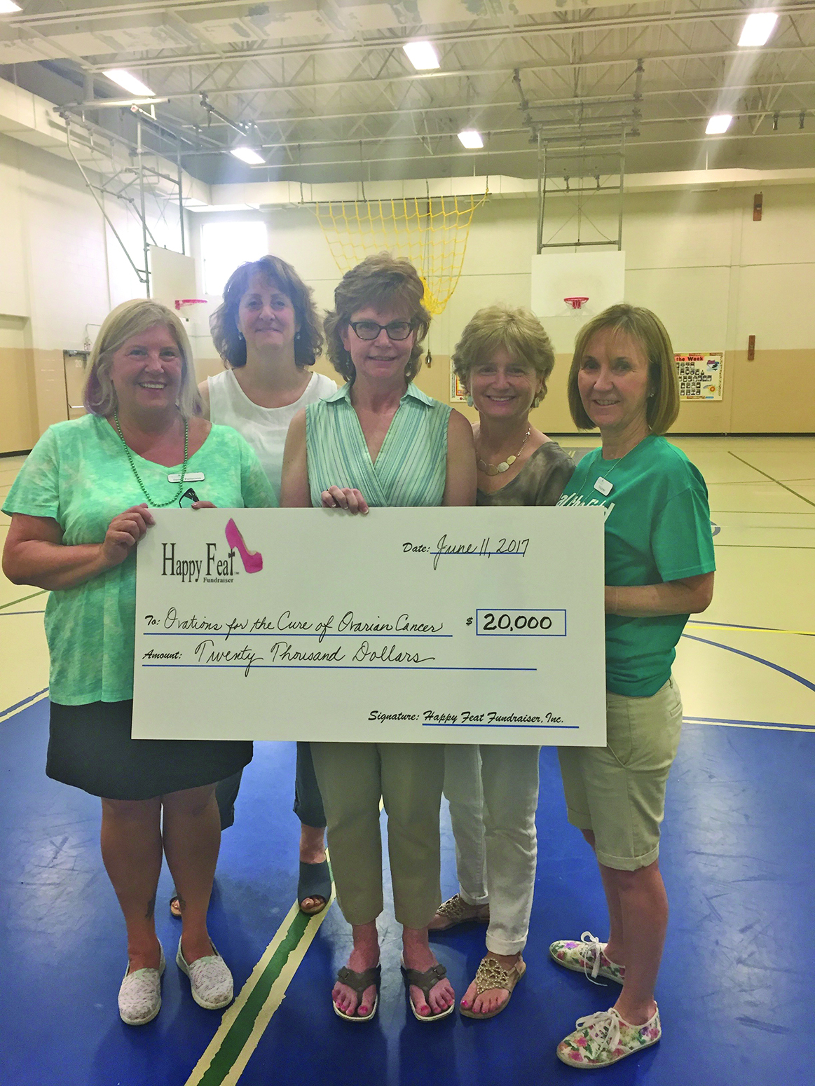 (l to r) Susan Patterson (Manager at Ovations), Phyllis Govoni (VP of Happy Feat), Eileen Stetter (Founder and President of Happy Feat), Janice McCarty, and Patricia McGaffigan. 