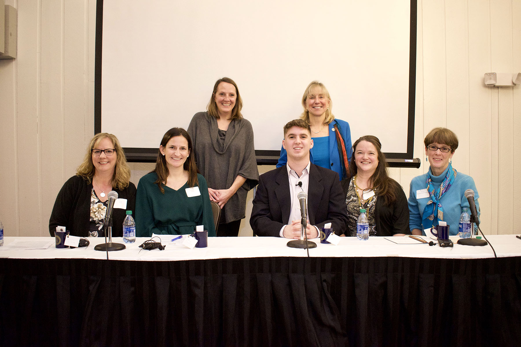 Lesley Kinney, Medway Parent ; Margaret Carmire, Holliston Director of Student Services ; Dr. Shella Dennery, PhD, LICSW, Program Director of the Boston Children’s Hospital Neighborhood Partnership Program; Adam Levine, Framingham High School Alum ; Senate President Karen E. Spilka ; Lisa Winner, Panel Moderator, Hopkinton High School Adjustment Counselor; Rebecca Donham, Senior Program Officer at the Metrowest Health Foundation. Photos courtesy of the Office of Senate President Karen E. Spilka