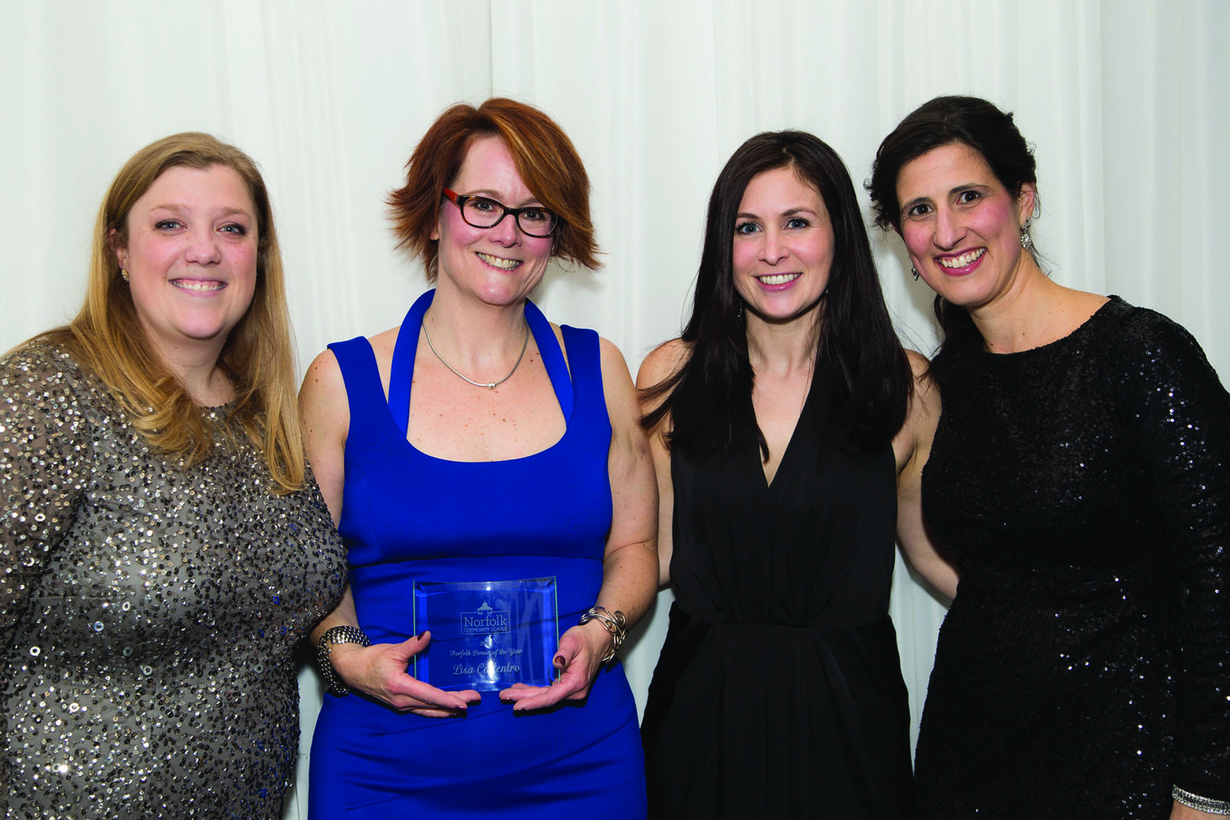 (l to r) Gala Co-Chair Kristy Burns, Norfolk Person of the Year Lisa Collentro, Gala Co-Chair Grisha Tagliente, NCL President Melissa Dugas). Jennifer Parr, Jamie Hogan, Peter and Brigette Bishop.