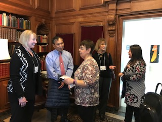 Assistant to the Superintendent Jeanne McGuane and teachers Michael Aw and Jennifer Santosuosso with Alumni Secretary Kelly Santoro and Vice President Karen Mazzarelli at the January 25th reception.