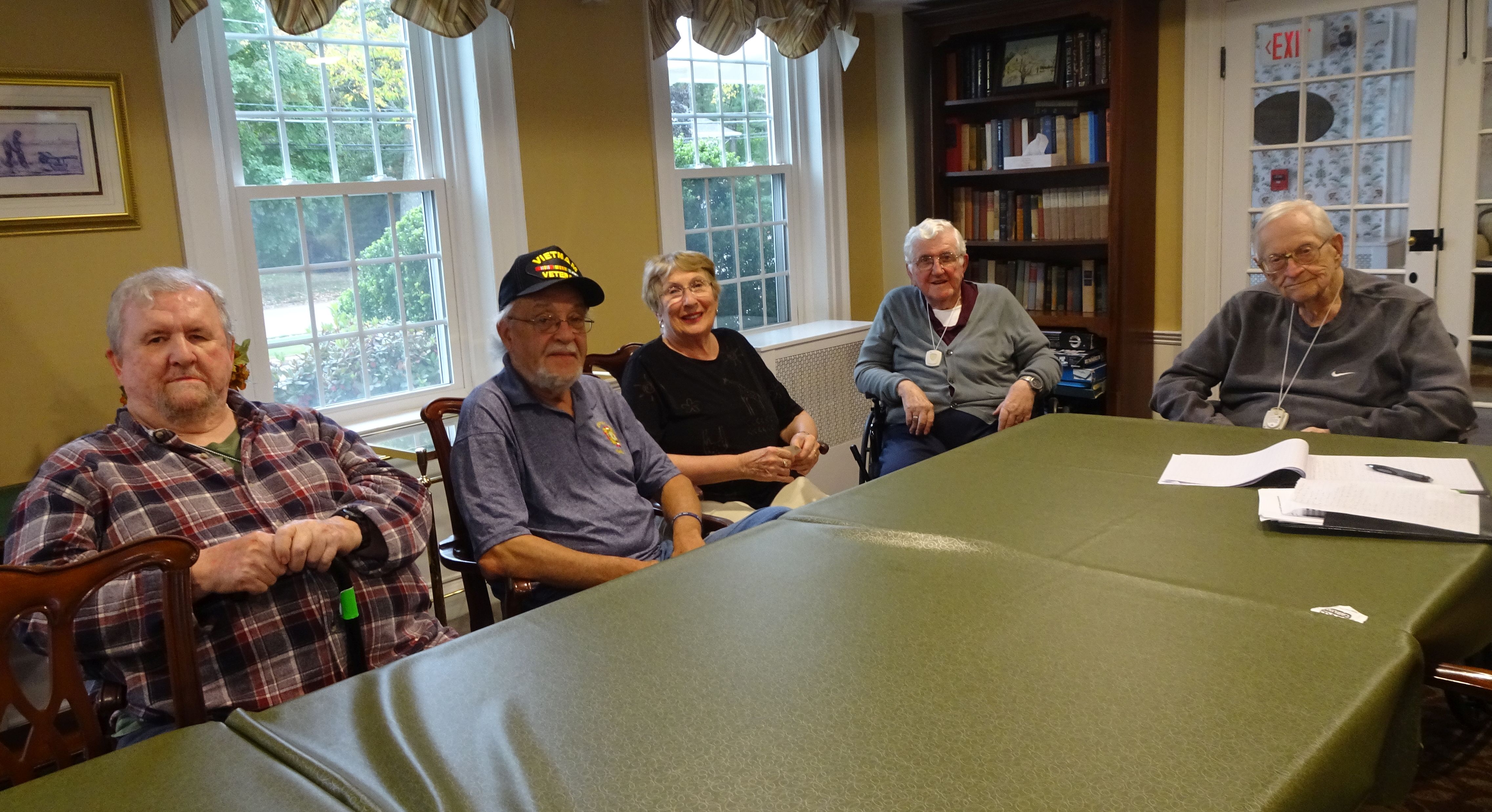 Veterans who live at Community of Pond Meadow and Pond Home, in Wrentham, recently talked about their experiences. From left, Roger Mitchell, Ed Kelly, Kathleen Slader, Ed Cavallari, and Joe Vatkevich